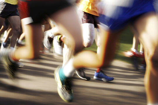 Blurred scene of a group of runners are running on the street in marathon event, sport activity action background. Generative Ai image.