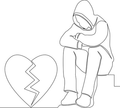 Continuous line drawing man with a broken heart is sitting in depression icon vector illustration concept