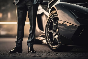 A businessman in formal suit uniform is standing in front of the supercar, successful businessman concept. Generative Ai image. - obrazy, fototapety, plakaty