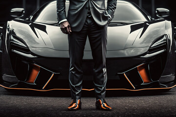 A businessman in formal suit uniform is standing in front of the supercar, successful businessman concept. Generative Ai image.