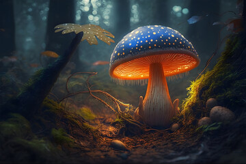 Fantasy mushroom in the dark forest. 3D rendering. Computer digital drawing. Fairy mushroom. Mushrooms in the forest with raindrops. Generative AI technology.