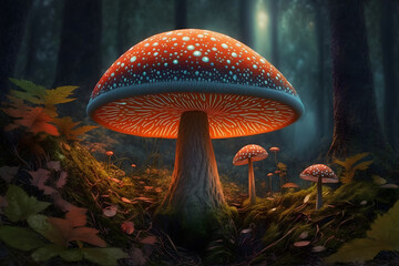 Fantasy mushroom in the dark forest. 3d rendering illustration.. Fairy mushroom. Mushroom in the fairy forest. Generative AI technology.