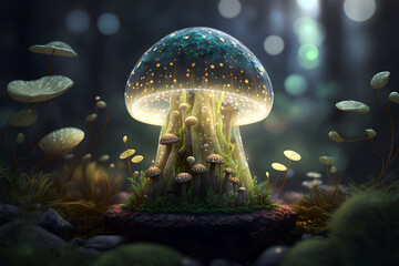 Fototapeta na wymiar 3d render of a fantasy mushroom in the forest with glowing lights. Fairy mushroom. Mushroom in the fairy forest. Generative AI technology.