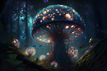 Fairy mushroom. Mushroom in the fairy forest. Fantasy mushroom in the dark forest, 3d render illustration.. Generative AI technology.