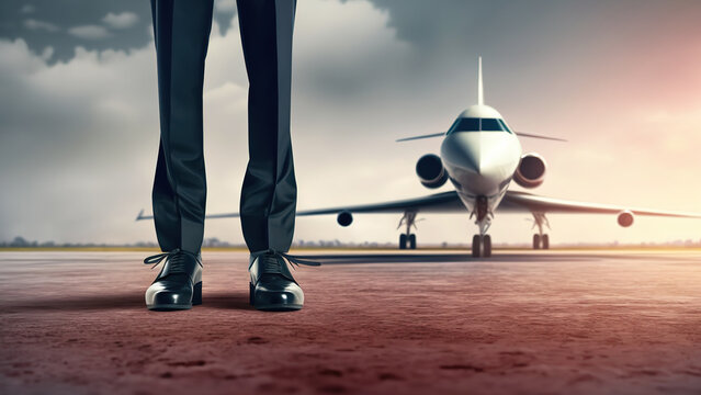 A gentleman is business suit is standing in front of the private jet. The Billionaire, businessman successful concept scene. Generative Ai image.	
