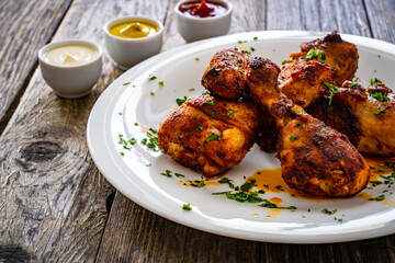 Barbecue chicken drumsticks with French fries on wooden table
