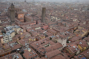 Bologna, Italy - 16 Nov, 2022: Cityscape views over the towers and rooftops of Bologna
