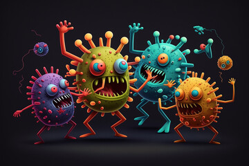 Illustration of virus characters with angry faces dancing on black background. Generative AI.
