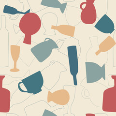 Kitchen, bottles, cups and mugs in retro vintage colors, seamlesse repeated pattern in line and shapes