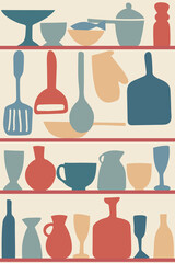 Food illustration with retro vintage kitchen tools and utensils, rectangle, vintage and retro