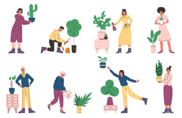 Fototapeta premium Cartoon happy people care room plants. Green cozy environment. Interior houseplants. Flowers growing in pots. Persons planting cactus and ficus in flowerpots. Vector home gardening set