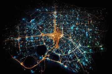 Street lighting map for Santa Cruz De La Sierra (Bolivia). A contemporary metropolis seen from space at night. high quality imitation of an overhead view of a road network. Generative AI - obrazy, fototapety, plakaty