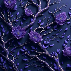 Dark background with cute patterns of branches, flowers and leaves in purple colors and golden lines; 3D effect; for prints and pictures. Generative AI