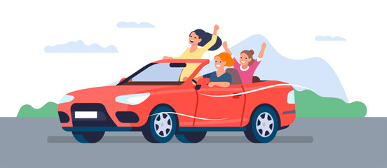 Cheerful girlfriends riding in convertible on road. Happy young women group. Girl driving red car. People traveling by automobile. Summer vacation. Joyful friends in vehicle. Vector concept - obrazy, fototapety, plakaty
