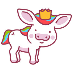 Cute baby unicorn with crown vector cartoon character isolated on a white background.