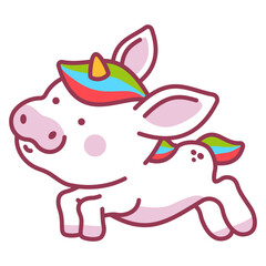 Cute baby unicorn flying vector cartoon character isolated on a white background.