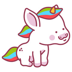 Cute baby unicorn sitting vector cartoon character isolated on a white background.