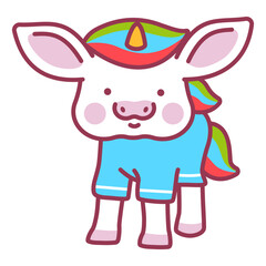 Cute baby unicorn in t-shirt vector cartoon character isolated on a white background.