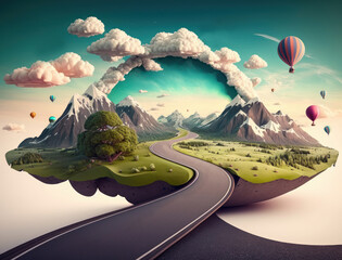 3d illustration of road with beautiful landscape floating. AI generative