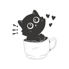 Cute black cat in coffee cup vector cartoon character isolated on a white background.