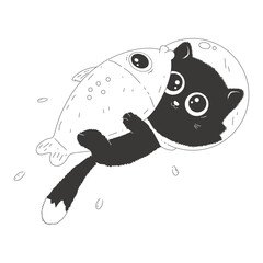 Cute black cat with fish vector cartoon character isolated on a white background.