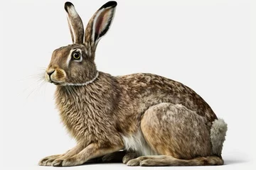 Foto op Aluminium Realistic artwork of the European hare (Lepus europaeus) for an animal encyclopedia, isolated on a white backdrop. Generative AI © AkuAku