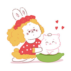 Cute bunny girl with cat vector cartoon character isolated on a white background.