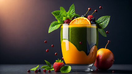 gourmet illustration of a delicious treat - smoothie drink with fresh strawberries and blueberries, blackberries and raspberries, orange fruits, decorated with fresh mint leaves. Generative AI - 580326508