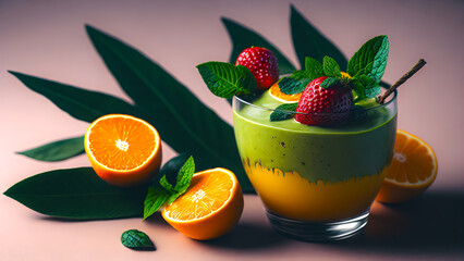 gourmet illustration of a delicious treat - smoothie drink with fresh strawberries and blueberries, blackberries and raspberries, orange fruits, decorated with fresh mint leaves. Generative AI - 580326517
