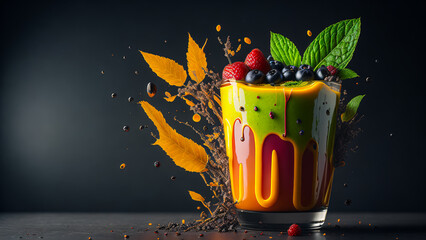 gourmet illustration of a delicious treat - smoothie drink with fresh strawberries and blueberries, blackberries and raspberries, orange fruits, decorated with fresh mint leaves. Generative AI - 580326530