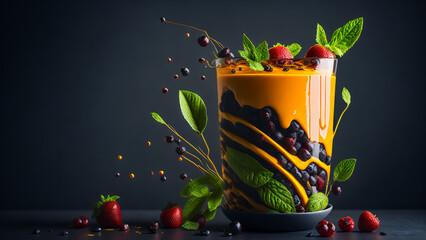 gourmet illustration of a delicious treat - smoothie drink with fresh strawberries and blueberries, blackberries and raspberries, orange fruits, decorated with fresh mint leaves. Generative AI - 580326539