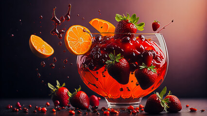 gourmet illustration of a delicious treat - a drink with fresh strawberries and oranges, honey and syrup, decorated with fresh mint leaves. . Generative AI - 580326551