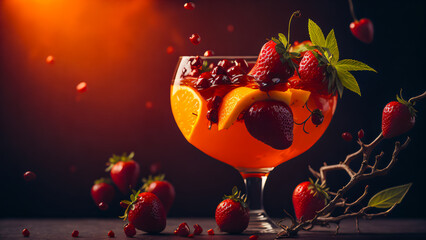 gourmet illustration of a delicious treat - a drink with fresh strawberries and oranges, honey and syrup, decorated with fresh mint leaves. . Generative AI - 580326562