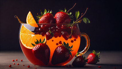 gourmet illustration of a delicious treat - a drink with fresh strawberries and oranges, honey and syrup, decorated with fresh mint leaves. . Generative AI - 580326568