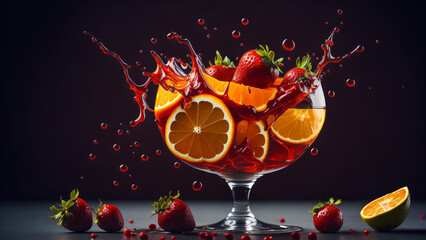gourmet illustration of a delicious treat - a drink with fresh strawberries and oranges, honey and syrup, decorated with fresh mint leaves. . Generative AI - 580326573