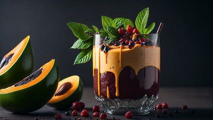 gourmet illustration of a delicious treat - smoothie drink with fresh strawberries and blueberries, blackberries and raspberries, orange fruits, decorated with fresh mint leaves. Generative AI - 580326580