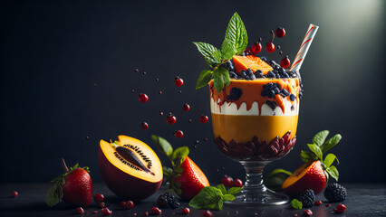 gourmet illustration of a delicious treat - smoothie drink with fresh strawberries and blueberries, blackberries and raspberries, orange fruits, decorated with fresh mint leaves. Generative AI - 580326587