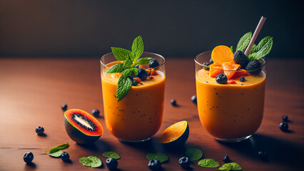 gourmet illustration of a delicious treat - smoothie drink with fresh strawberries and blueberries, blackberries and raspberries, orange fruits, decorated with fresh mint leaves. Generative AI - 580326595