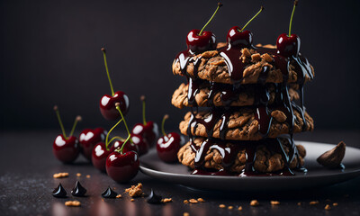 Gourmet illustration of a delicious treat - oatmeal cookies with chocolate chips and fresh cherries and drizzled with cherry syrup. Generative AI - 580326733