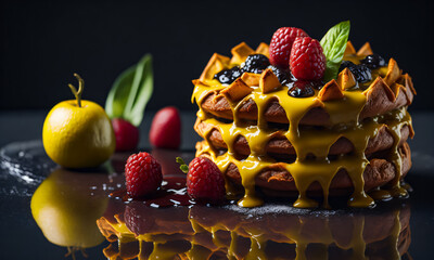 Gourmet illustration of a delicious treat - freshly baked waffles with chocolate pieces and fresh raspberries and blueberries. Generative AI - 580326740