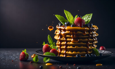 Gourmet illustration of a delicious treat - freshly baked waffles with chocolate pieces and fresh raspberries and blueberries. Generative AI - 580326753