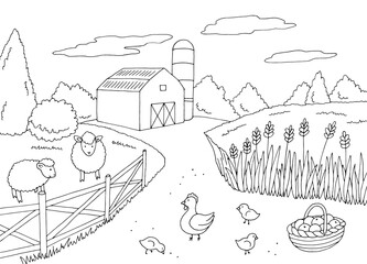 Farm coloring graphic black white landscape sketch illustration vector