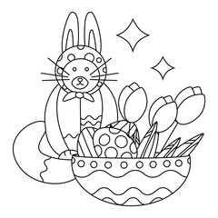 Easter cute cat with rabbit ears and a plate with Easter eggs and flowers, tulips. Line art.