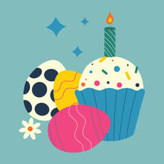 Easter cupcake with cream, candles and sweet sprinkles, eggs with ornament.