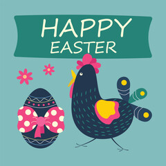 Easter egg with bow, bird, chicken and text, Happy Easter lettering.