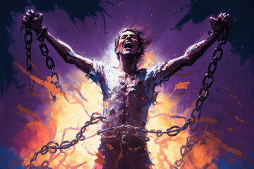 illustration painting of woman breaking free from chains, representing the liberation from constraints and the power of self-determination (ai generated)