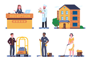 Hotel staff. Hospitality service. Receptionist at reception desk. Maid woman with vacuum cleaner. Man mopping floor. Chief cook in uniform. Porter and concierge. Vector motel workers set