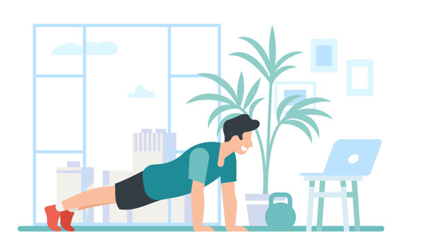 Man does online workout at home gym. Healthy lifestyle. Living room. Indoor fitness exercises. Sportsman watches video training by laptop. Guy standing in plank pose. Vector concept