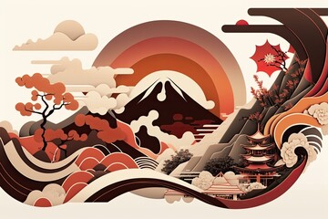 Japanese pagoda paper art painting, Japan culture, landscape scenery, mount fuji, tokio city buildings, rising sun, mountain, ai generated art
