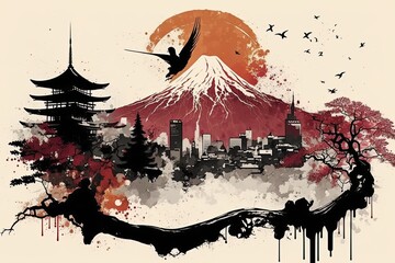 pagoda line art, Japan, japanese culture, landscape scenery, AI generated art, Wall art, wallpaper frame art, painting, water color